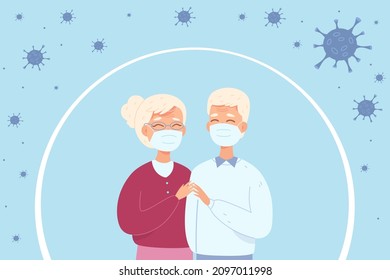 Grandparents with protective face masks and immune bubble shield vector illustration. Man abd woman with medical defense and prevention from coronavirus infection. Healthcare, medicine concept