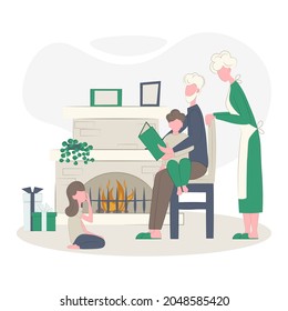 Grandparents reads kids. Cozy family evening. Grandfather sits with grandson on a chair with a book, reads and tells a fairy tale. Boy, girl and grandmother listen to him. Vector flat illustration. 