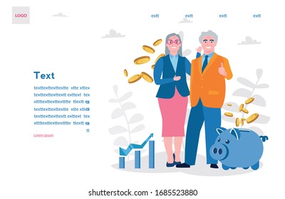 Los abuelos se jubilan ahorrando dinero en un banco de cerdo, un anciano, una anciana, una anciana, una figura vectorial para banner web, infografías, móviles
