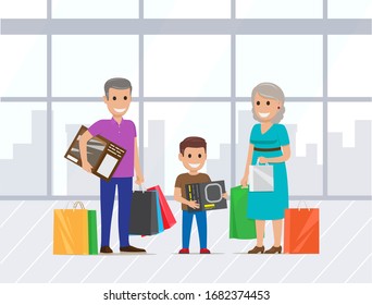 Grandparents shopping with little grandson. Young boy helps to hold bags. Granny and grandad buying presents for grandchild. Elderly people making purchases