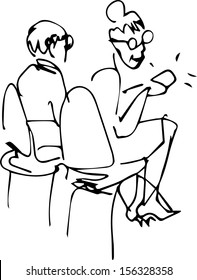 a grandparents sit in the chairs in the office of the bank