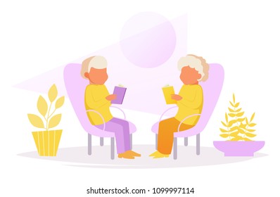 Grandparents sit in chairs and read Vector. Cartoon. Isolated art on white background. Flat
