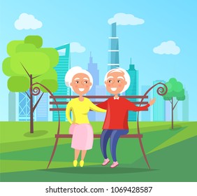 Grandparents sit on bench in city park on background of skyscrapers vector illustration of old couple on retirement, grandmother and grandfather on bench