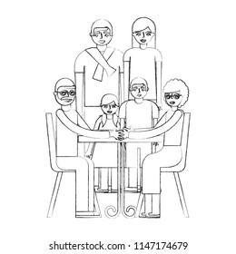grandparents sitting in chair and family together
