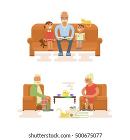 Grandparents sitting in chair. Grandpa reading a book to grandsons. Cartoon characters in flat design. Vector illustration