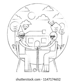 grandparents sitting in chairs garden house