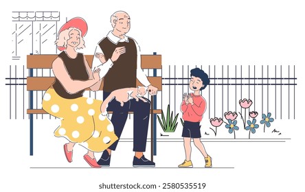 Grandparents sitting on bench. Grandfather and grandmother with granddaughter and cat. Love and romance. Good family relationships. Outdoor recreation. Linear vector illustration