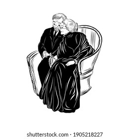 Grandparents sitting on chair in their arms. Married couple