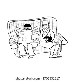 grandparents sitting on the sofa with a cat and newspaper