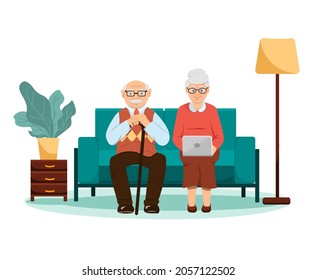 Grandparents sitting on the sofa with laptop. There is a lamp nearby. Indoor flower. Flat style. Old age. Technologies. Isolated on a white background. happy elderly couple. Vector illustration