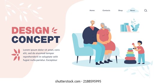 Grandparents sitting on sofa and looking at grandson. Boy building pyramid with grandmother and grandfather flat vector illustration. Family concept for banner, website design or landing web page