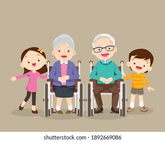 grandparents sitting on wheelchair with grandchildren . Little boy, teenager girl and happy elderly be happy on wheel chair,grandparents and grandchildren. 