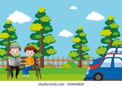 Grandparents sitting in the park illustration