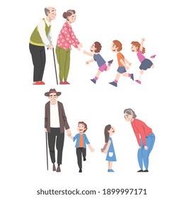 Grandparents Spending Pastime Time with Grandchildren Set, They are Walking and Entertaining Their Grandsons and Granddaughters Cartoon Style Vector Illustration