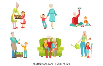 Grandparents Spending Time with Grandchildren Set, Grandfather and Grandmother Playing, Walking, Working in the Garden with their Grandsons and Granddaughters Vector Illustration