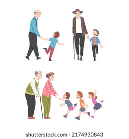 Grandparents Spending Time with Grandchildren Walking and Talking Vector Set