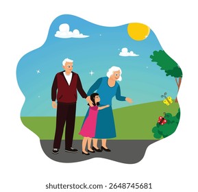 Grandparents spending time with granddaughter outdoors. Taking a walk and enjoying the sunny day.