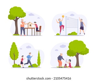 Grandparents Spending Time With Grandkids Set. Family Relatives Building Birdhouse, Volleyball Game, Jogging, Playing Toys. Elderly Grandmother And Grandfather Outdoor Leisure Activity Flat Vector