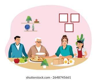 Avós passando tempo com parentes. Avós felizes comendo e bebendo junto com pais jovens e netos na mesa de jantar.