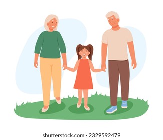 Grandparents spending time with their grandchildren. Senior man and woman walking with granddaughter. Happy old age. Concept of retirement. Vector flat illustration in green colors