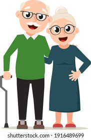 Grandparents stand in an embrace and smile on a white background. Characters