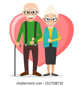 Grandparents stand under the handle on the background of the heart on.