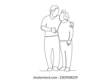 Grandparents standing hugging each other. Grandparent day one-line drawing