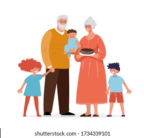 Grandparents are standing with their grandchildren. Elderly man and woman and small children, the concept of family, generations, psychological health of the elderly. Cartoon vector illustration