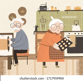 Grandparents stay at home on quarantine self-isolation. Vector cute illustration of grandmother in the kitchen bakes cookies and helping grandfather. Character drawing for postcard or c