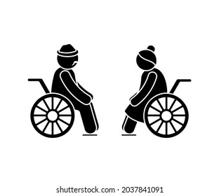 Grandparents stick figure old man and woman vector illustration set. Grandfather and grandmother couple sitting in wheelchair icon silhouette pictogram on white