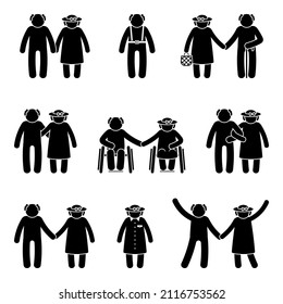 Grandparents stick figure old man and woman vector illustration set. Grandfather and grandmother couple holding hands, cuddling icon silhouette pictogram on white