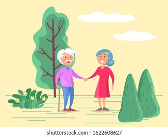 Grandparents strolling together in park or countryside. Man walk with stick and woman help him in it. Grandfather and grandmother happy to spend time together. Vector illustration in flat style