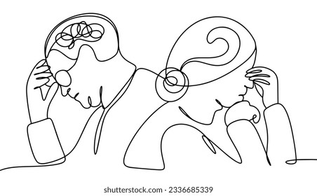 Grandparents suffering from Alzheimer's disease. World Alzheimer's Month. One line drawing for different uses. Vector illustration.