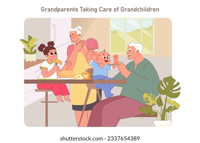 Grandparents taking care of their little grandchildren. Grandpa and grandma feeding kids. Big family gathering, sitting around the table on breakfast. Flat vector illustration