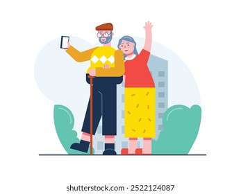 Avós tirando uma selfie juntos, curtindo a velhice com suas memórias especiais. Design de caracteres. Ilustração em plano vetorial