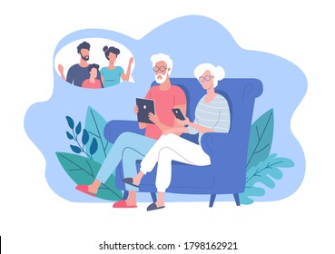 Grandparents talk to their grandchild and family using internet technology cartoon vector illustration