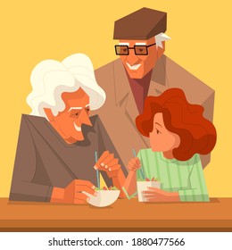 Grandparents telling a story to their grandchild.