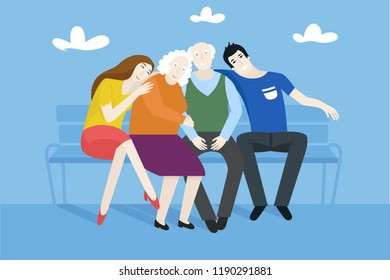 Grandparents with their grandchildren sitting on the bench in the park - vector flat style illustration - happy family life concept.
