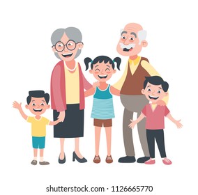 Grandparents and three grandchildren portrait. Grandparents day concept. Vector illustration in cartoon style, isolated on white background. 