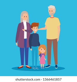 grandparents together with happy grandson and granddaughter