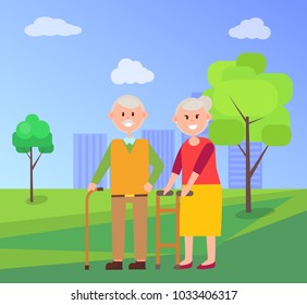 Grandparents together on walk at park in summer. Grandmother with walker and grandfather with cane among green trees cartoon vector illustration.