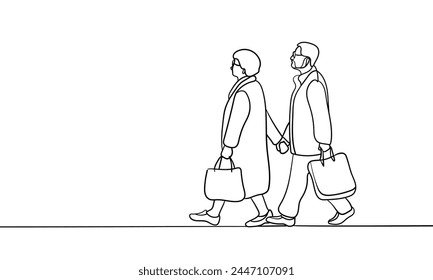 Grandparents together walk holding hands continuous line art drawing isolated on white background. Love line art drawing. Vector illustration