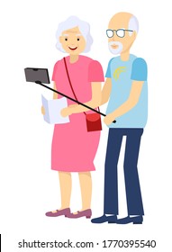 Grandparents tourists. Elderly Couple Vector. Taking Selfie. Grandfather And Grandmother. Face Emotions. Happy People Together. Isolated Flat Cartoon Illustration