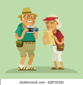 Grandparents tourists. Vector flat cartoon illustration