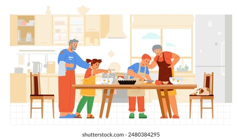 Grandparents with two grandchildren boy and girl cooking together in the kitchen falt vector illustration. Family spending time together at home.