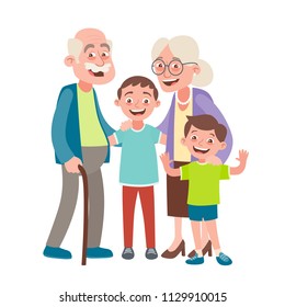 Grandparents and two grandsons portrait. Happy grandparents day concept. Vector illustration in cartoon style, isolated on white background. 