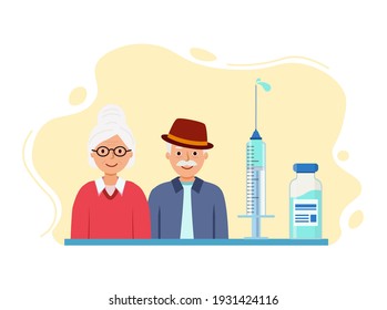 Grandparents are vaccinated against corona virus. Protecting elderly from coronavirus. concept of combating vaccination. Vector illustration in flat style