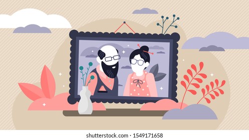 Grandparents vector illustration. Flat tiny elderly relatives persons concept. Granny and grandpa together in framed picture as good memories. Happy together retirement seniors. Old generation image.