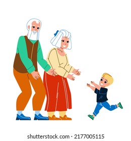 Grandparents Visit Grandchildren Family Vector. Happy Grandfather and Grandmother Visit Grandchildren. Characters Grand Parents And Kid Recreational Happy Time Together Flat Cartoon Illustration