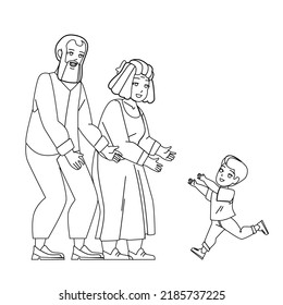 Grandparents Visit Grandchildren Family Vector. Happy Grandfather and Grandmother Visit Grandchildren. Characters Grand Parents And Kid Recreational Happy Time Together black line illustration